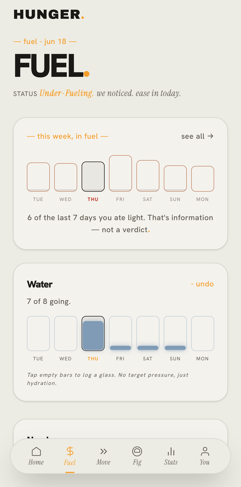 HUNGER app — the Fuel system: this week in fuel, water tracking, under-fueling status
