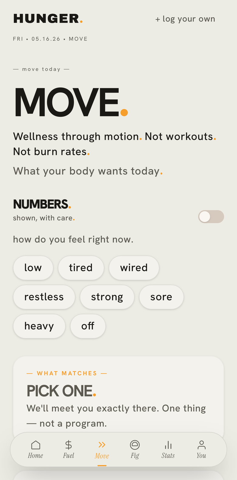 HUNGER app — the Move system: how do you feel right now, pick one